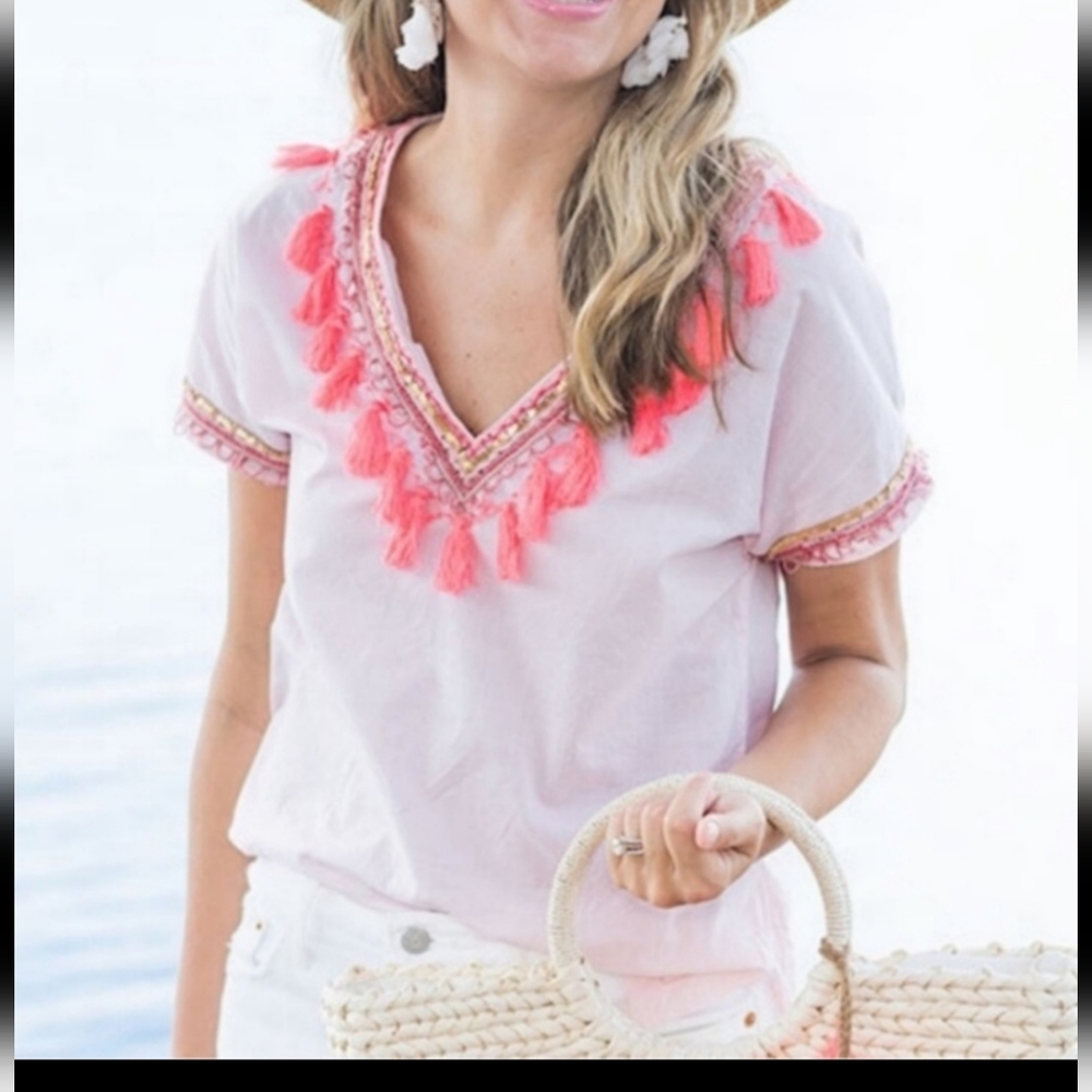 J.Crew 100% Cotton Boho Festive Blouse Sequins Tassels Decor Pink&Gold 4 Small